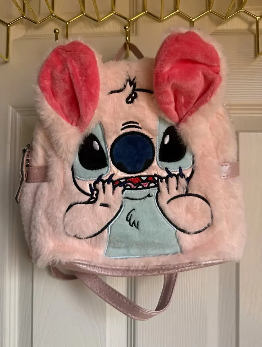 Disney Stitch Pink Faux Fur Small Mini Backpack, Zip Closure, Adjustable Strap